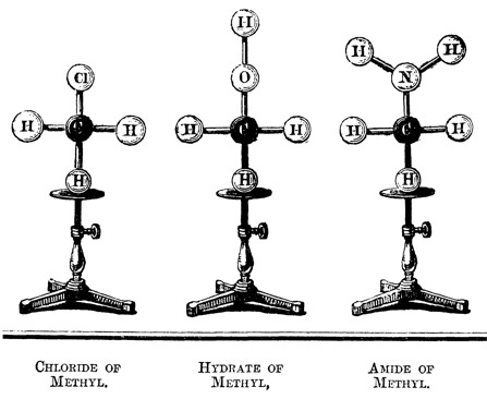 Hofmann's ball-and-stick models of chloromethane, methanol, and methanamine using coloured croquet balls.